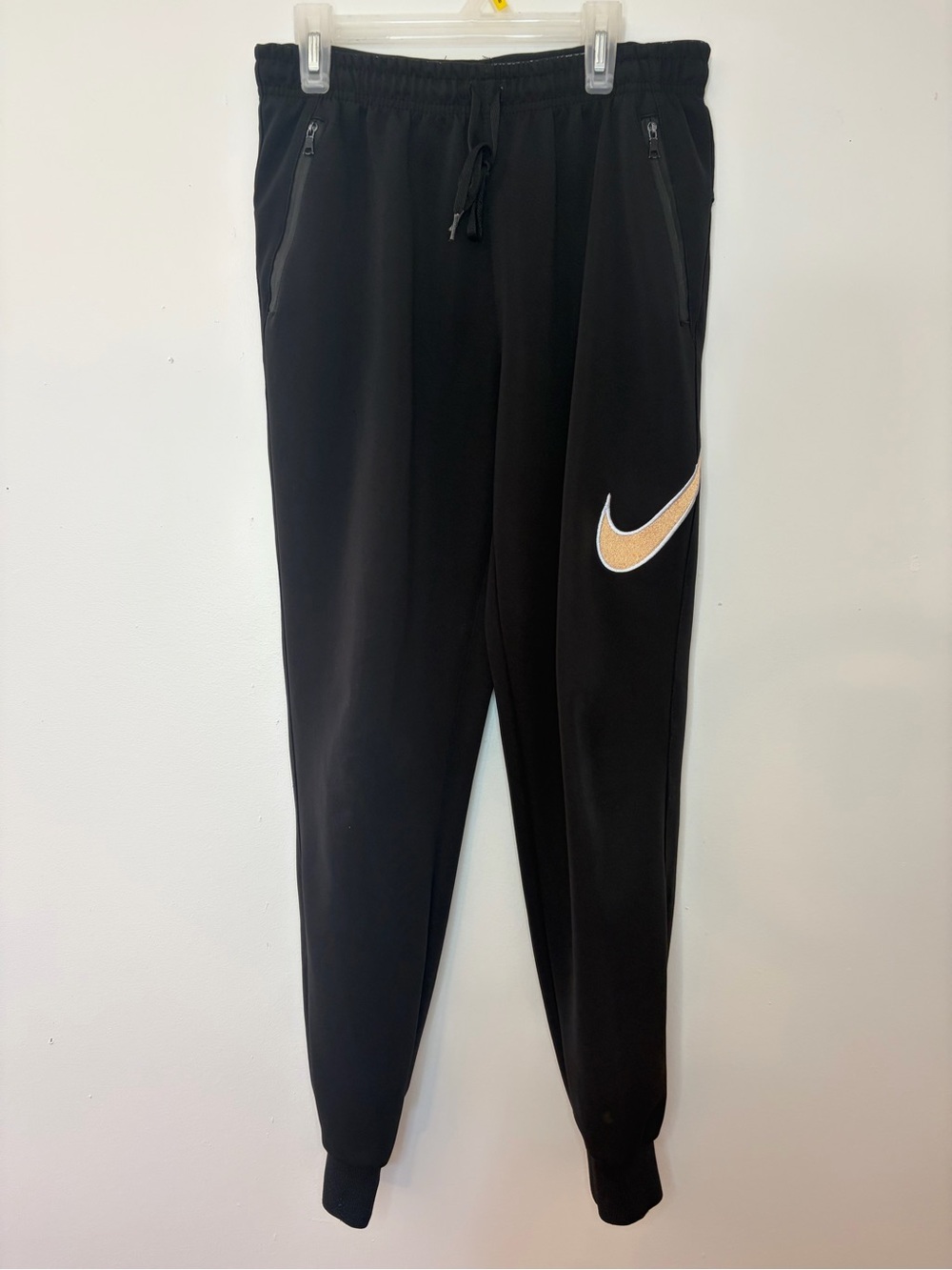 Nike Women’s XS Black Jogger Pants Gold Swoosh Zipper Pockets
